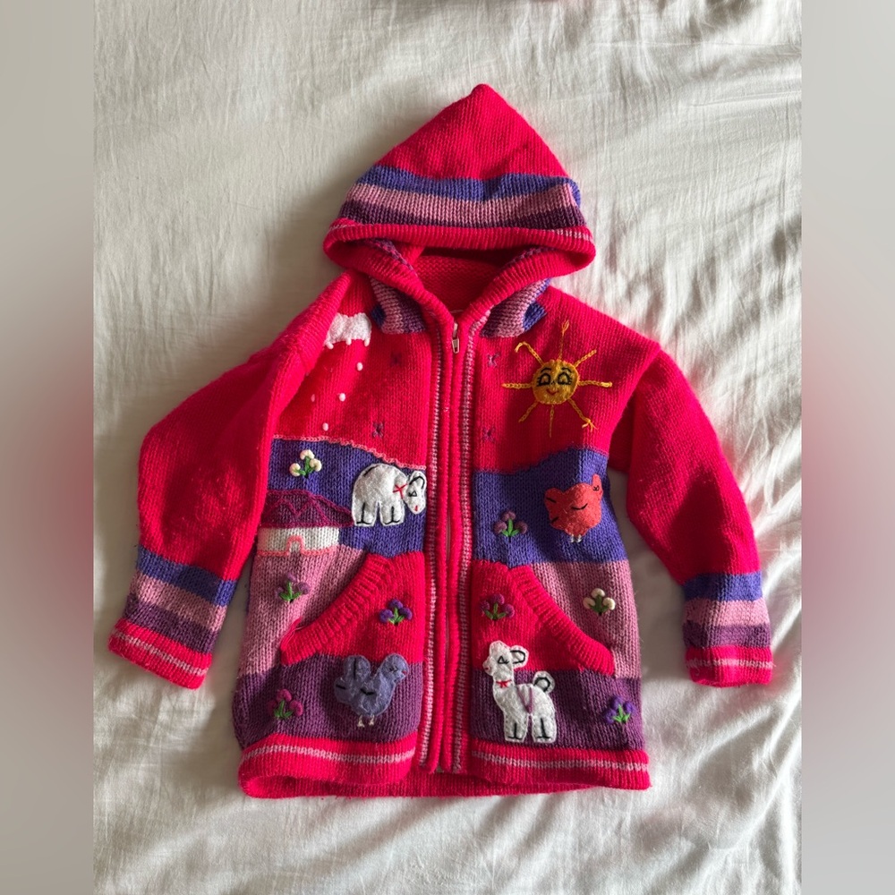 Peruvian handmade children's Arpillera style hooded sweater, 
Size 5T